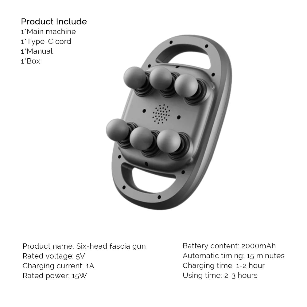 Fascia Gun Six-Head Deep Tissue Percussion Back Massager Wireless Waist Back Masajeador for Athletes Muscle Relax